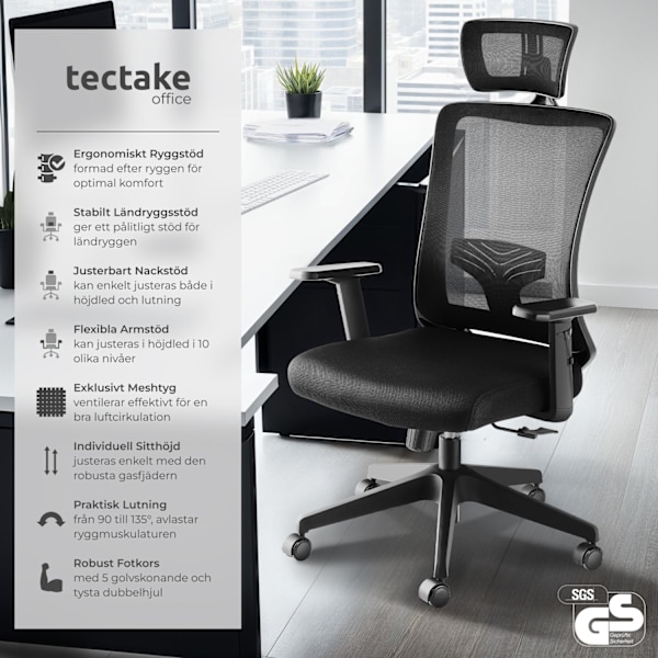 tectake Kontorsstol Phoibe, ergonomisk med justerbart nackstöd Svart