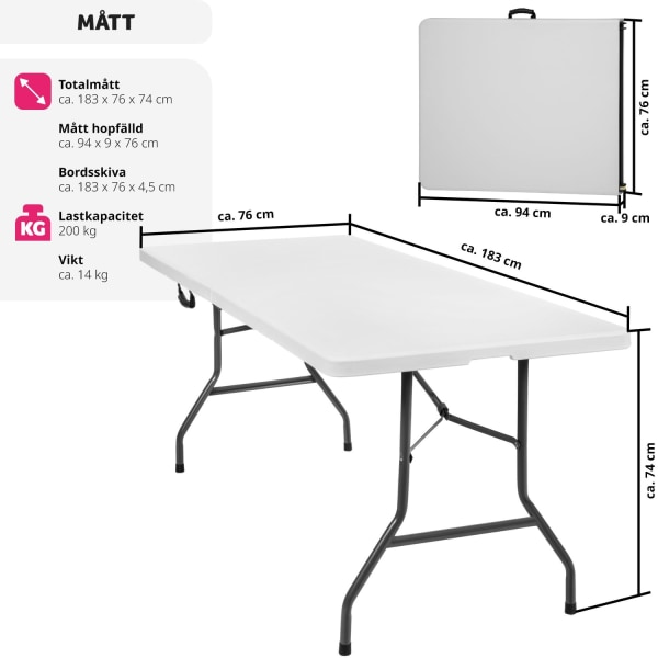 tectake Camping fällbord 183x76x74cm Vit