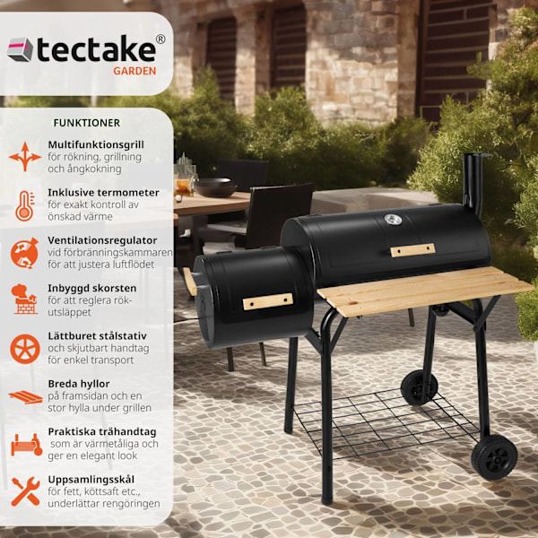 tectake Kolgrill med lock och värmeställ, inklusive temperaturvisning Svart