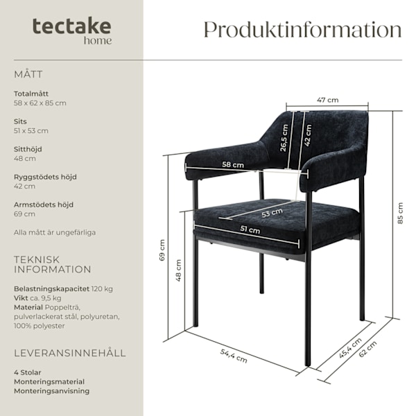 tectake Fåtölj Doé, stoppad, stålben -  Uppsättning om 4 Vävt tyg svart/svart