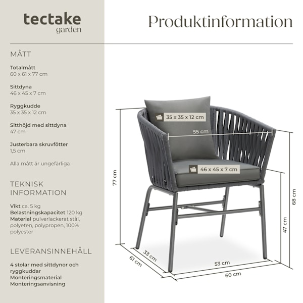 tectake Set med trädgårdsstolar Valeiras i repdesign, inklusive tjocka dynor - Uppsättning om 4 mörkgrå/mörkgrå