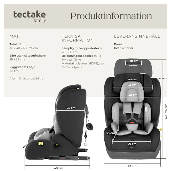 tectake Bilbarnstol Emely, 5-punktsbälte, i-Size godkänd, med ISOFIX Mörkgrå