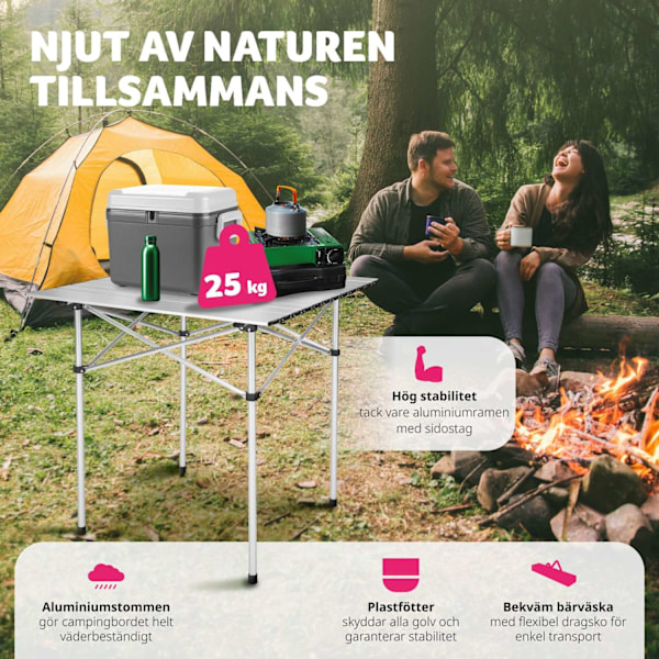 tectake Campingbord i aluminium, hopfällbart 70 x 70 x 70 cm grå