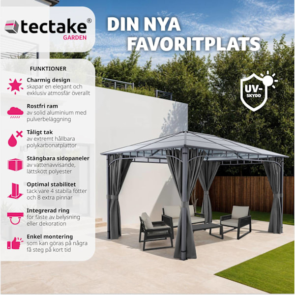 tectake Trädgårdspaviljong Caracas, väderbeständig, takpaneler i polykarbonat - 3 x 4 m grå