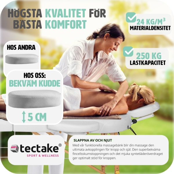 tectake 3-zons oval massagebänk, 5 cm stoppning med stöd och träram Vit