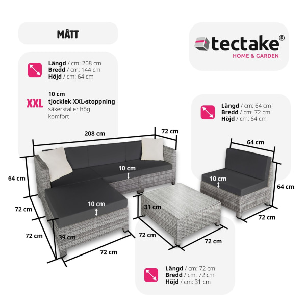 tectake Loungeset i konstrotting med aluminiumram, överdrag i 2 färger med 10 cm stoppning Ljusgrå