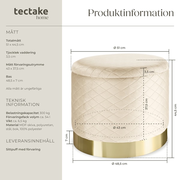 tectake Sittpuff med förvaringsutrymme Coco Grädde