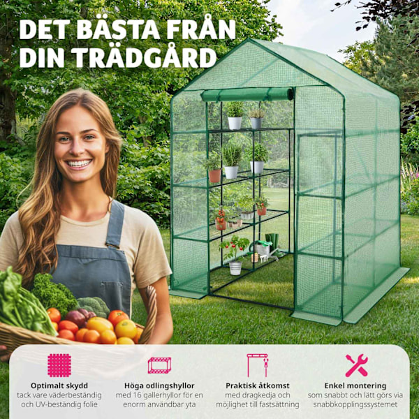 tectake Växthus med presenning, fyrkantig bas 143x143x195cm, Trädgårdsväxthus drivhus Grön