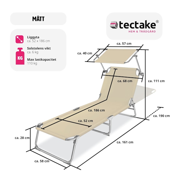 tectake Solsäng med soltak Beige