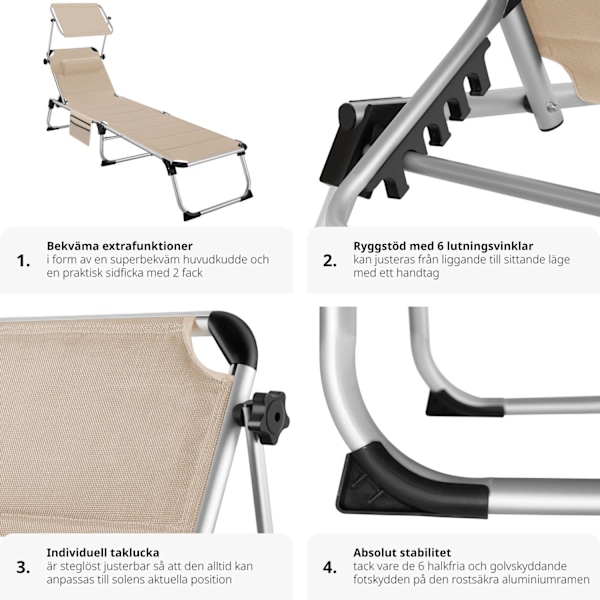 tectake Solstol Lorella, vadderad, hopfällbar Beige