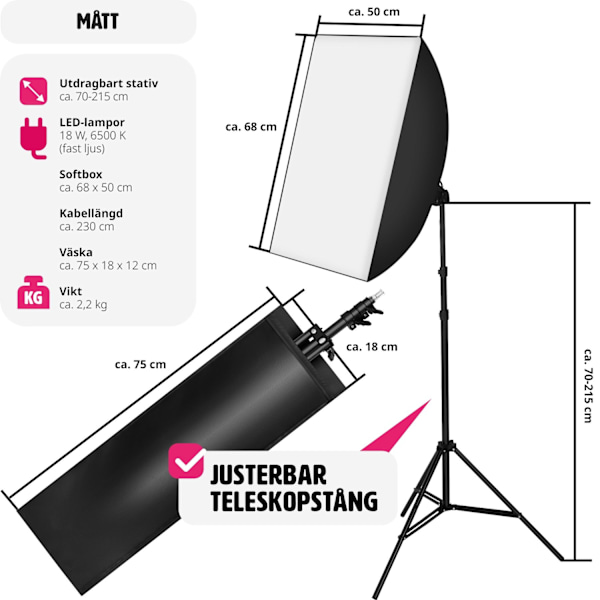 tectake Studiolampa med softbox, stativ och väska Svart