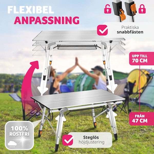 tectake Campingbord Tina i aluminium , hopfällbart, höj- och sänkbart Silver