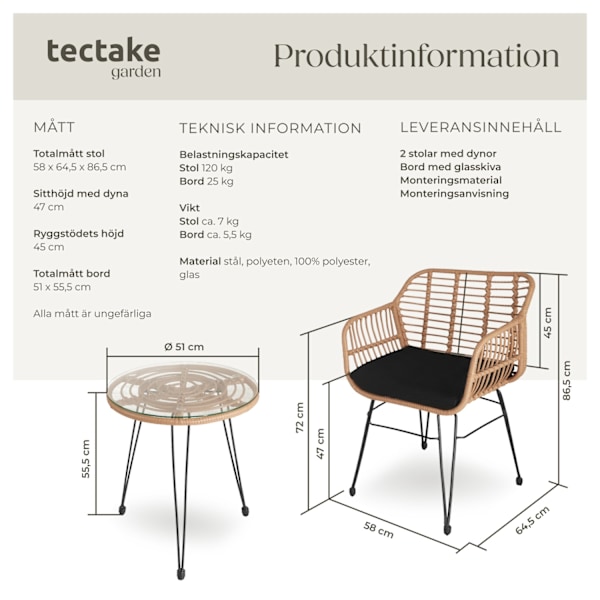 tectake Caféset i konstrotting Molfetta 2+1 Natur