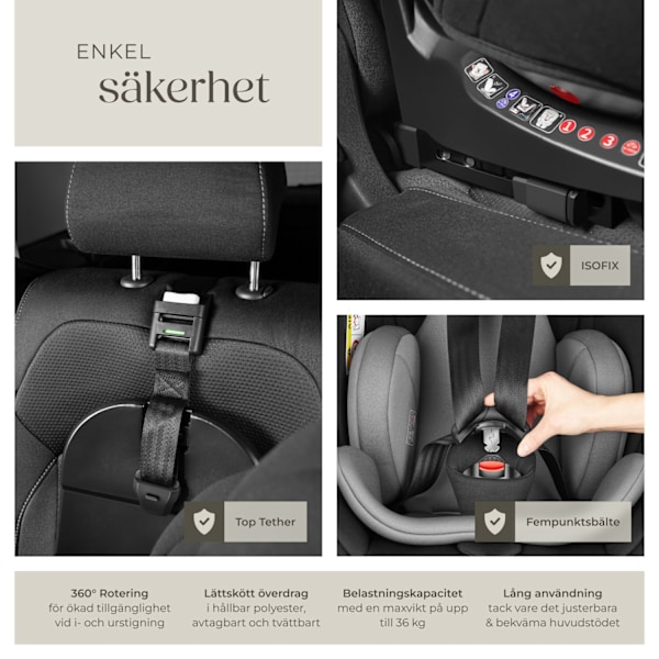 tectake Roterbar bilbarnstol Linus, i-Size godkänd, ISOFIX Ljusgrå