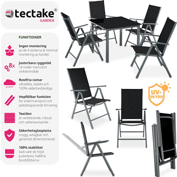 tectake Matgrupp i Aluminium med 4 stolar Grafitgrå