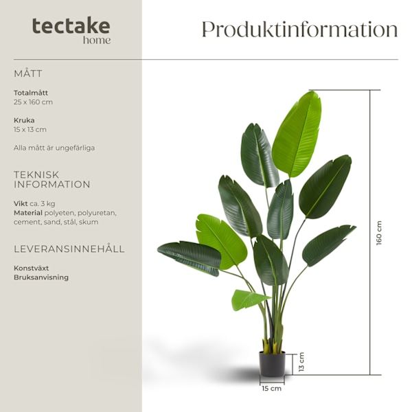 tectake Konstgjord Strelitzia (papegojblomma), naturtrogen - 160 cm Grön