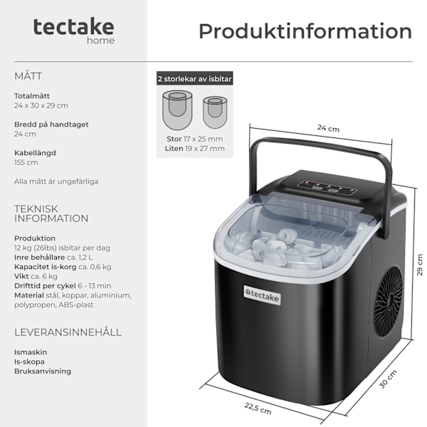 tectake Ismaskin Arctic, 1,2 L, 2 isbitsstorlekar Svart