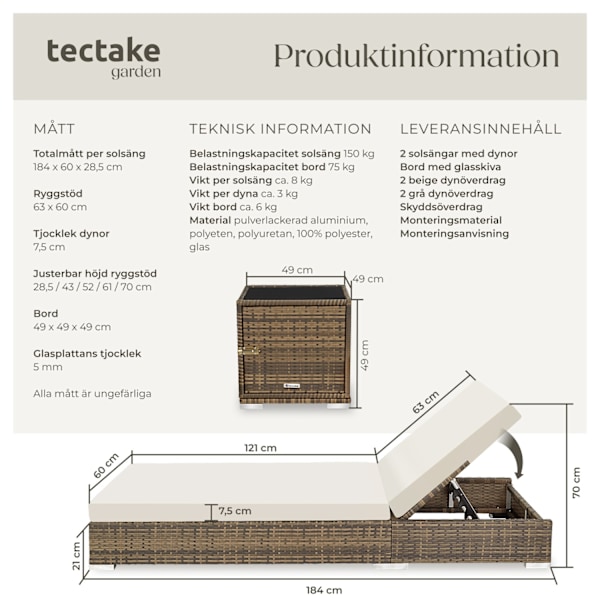 tectake Set med 2st solsängar och 1 bord i konstrotting Natur