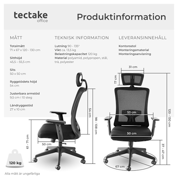 tectake Kontorsstol Phoibe, ergonomisk med justerbart nackstöd Svart