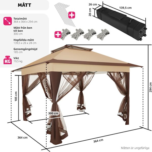 tectake Paviljong Carabobo 3,64x3,64x2,94m Brun