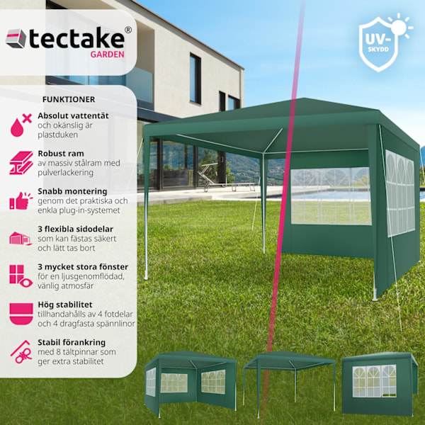 tectake Paviljong Baraban 3x3m med 3 sidopaneler Grön