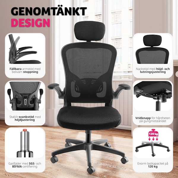 tectake Skrivbordsstol Arges, ergonomisk med justerbart nackstöd Svart