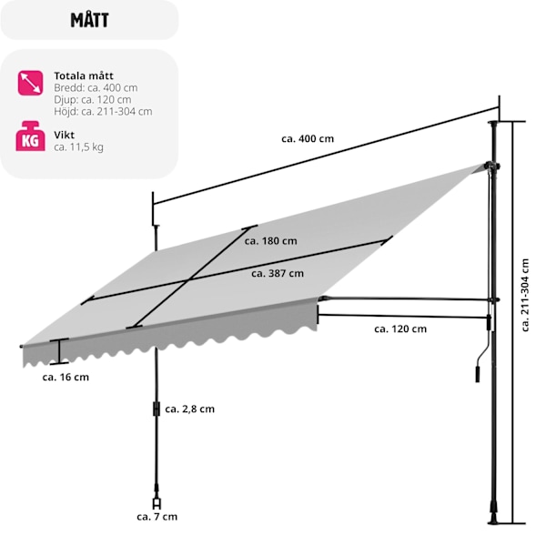 tectake Spännmarkis och soltak med handvev, höjdjusterbar - 400 x 180 cm Ljusgrå