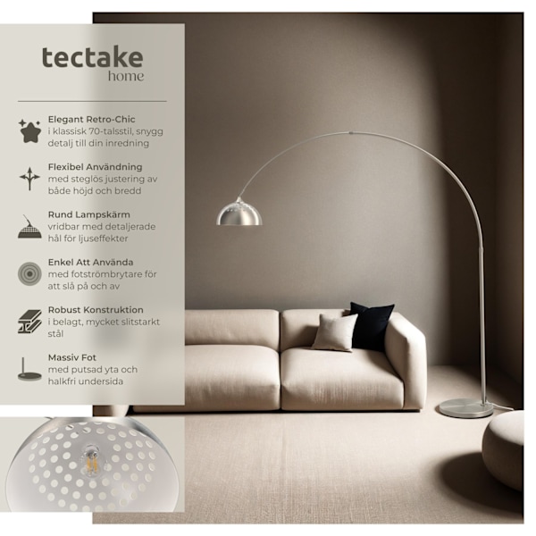 tectake Golvlampa Arcus, stål, 60W Matt nickel