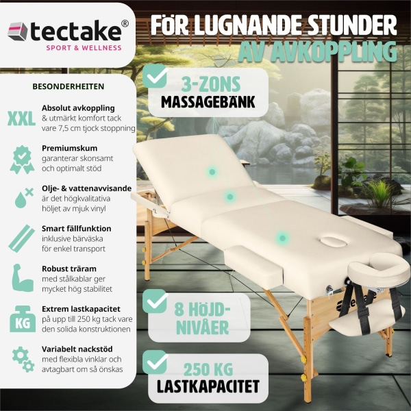 tectake 3-zons massagebänk Somwang med 7,5 cm stoppning och träram Beige