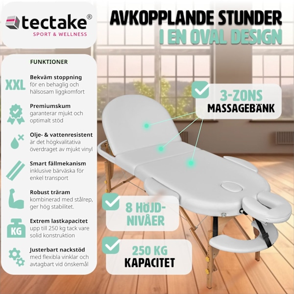 tectake 3-zons oval massagebänk Sawsan med 5 cm vaddering och träram Vit