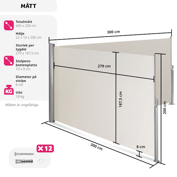tectake Sidomarkis dubbel i Aluminium - 200 x 600 cm Beige