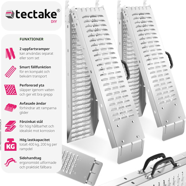 tectake Lastramp Björn, 2-pack, hopfällbara, 400kg lastkapacitet - 186 cm Silver