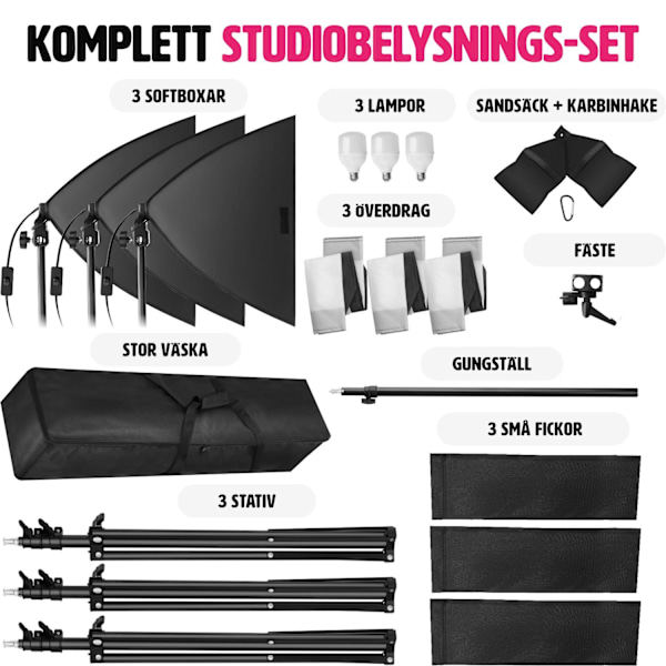 tectake 3 studiolampor med softbox, stativ och väska Svart