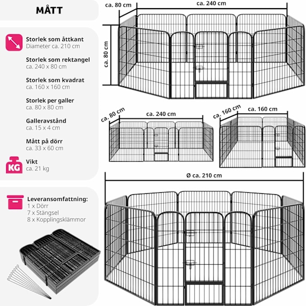 tectake Hundgård, hundhage 8 sektioner - 80 cm grå