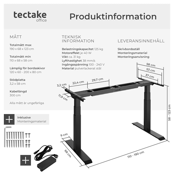 tectake Höj- och sänkbart skrivbordsstativ Dennis Svart