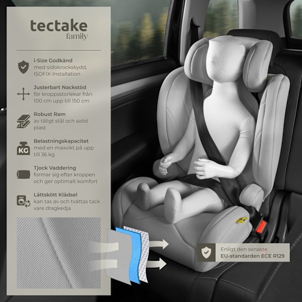 tectake Bilbarnstol Levi, i-Size-godkänd, med ISOFIX Ljusgrå