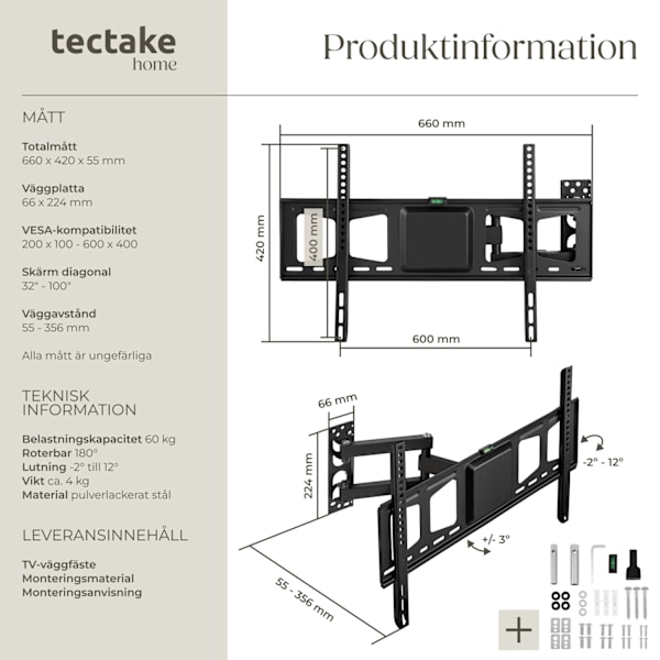 tectake Väggfäste TV för  32-100 tum lut-och vridbar Svart