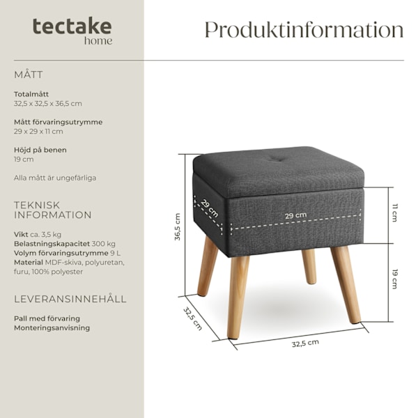 tectake Sittpuff med förvaringsutrymme Elva Mörkgrå