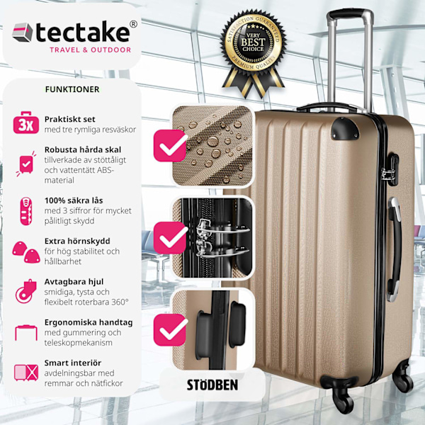 tectake Hårda resväskor i 3-set Champagne