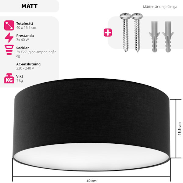 tectake Taklampa Circum, plafond i linne Svart