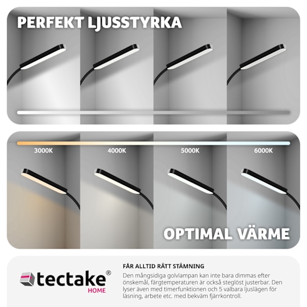 tectake Golvlampa Prisma LED, 5 ljuslägen, 12 W, dimbar Svart