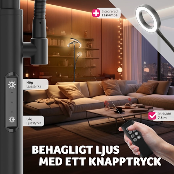 tectake Golvlampa Auralis LED 20W, läslampa med dimmer Svart