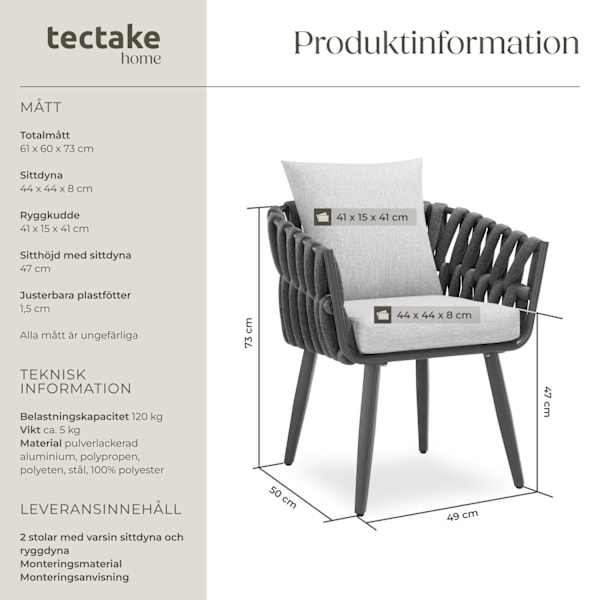 tectake 2 set stolar Lugano i repdesign med aluminiumram Grafitgrå