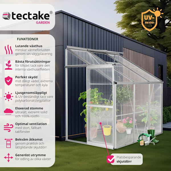tectake Väggväxthus av aluminium utan fundament 192x128x202cm Transparent