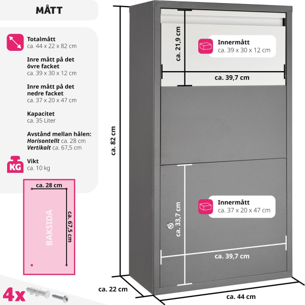 tectake Postlåda Paketbox Fortress med säkerhetslucka, 44 x 22 x 82 cm Grafitgrå