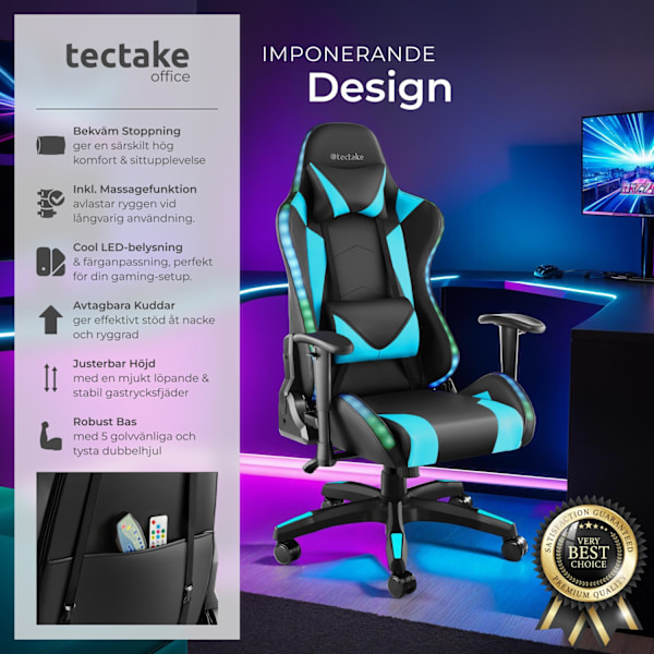 tectake Gamingstol Tartaros, LED, massagefunktion Azurblå