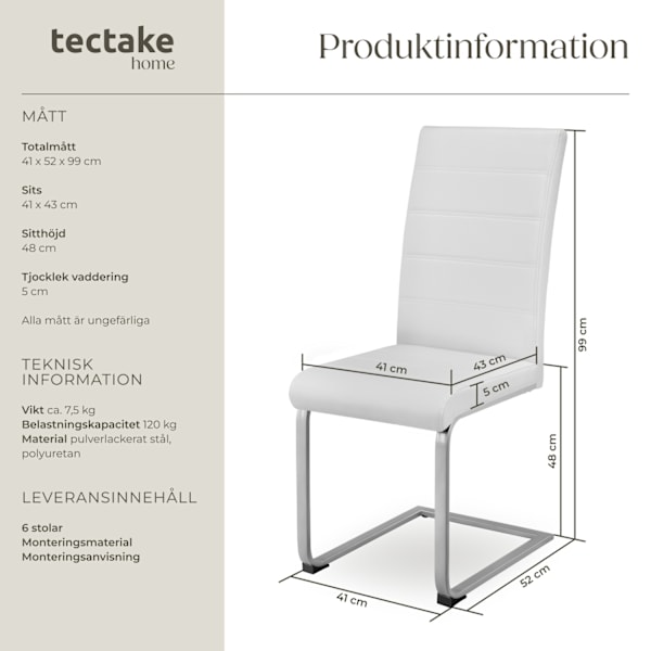 tectake Köksstolar Bettina -  Uppsättning om 6 Vit