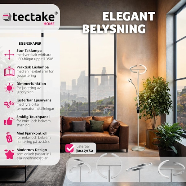 tectake Golvlampa Auralis LED 20W, läslampa med dimmer Matt nickel