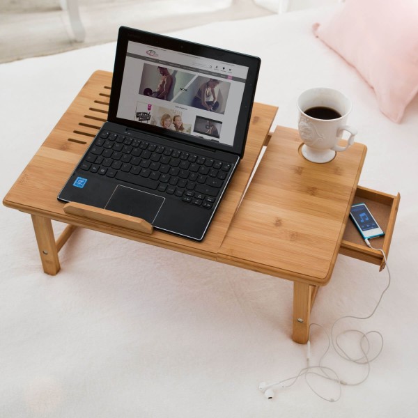 tectake Laptopställ i trä 55 x 35 x 26 cm justerbar med 2 USB-fl Brun