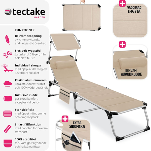 tectake Solstol Lorella, vadderad, hopfällbar Beige